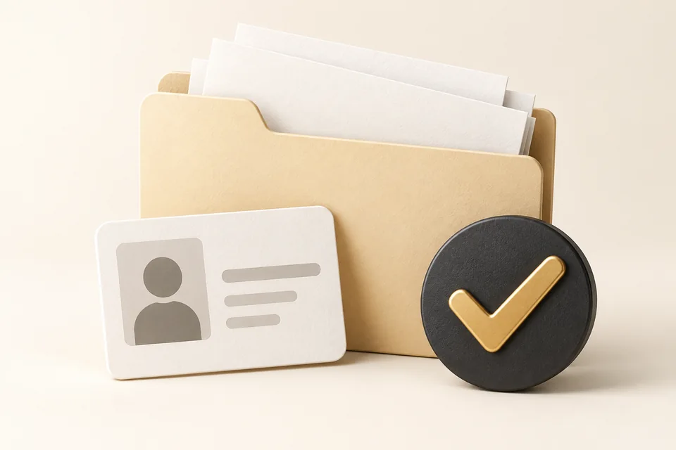 A folder, blank identity card and check mark illustrating document preparation.