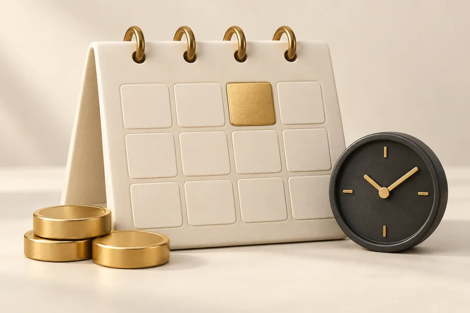 Kalendar, jam dan syiling menggambarkan jadual bayaran balik.
